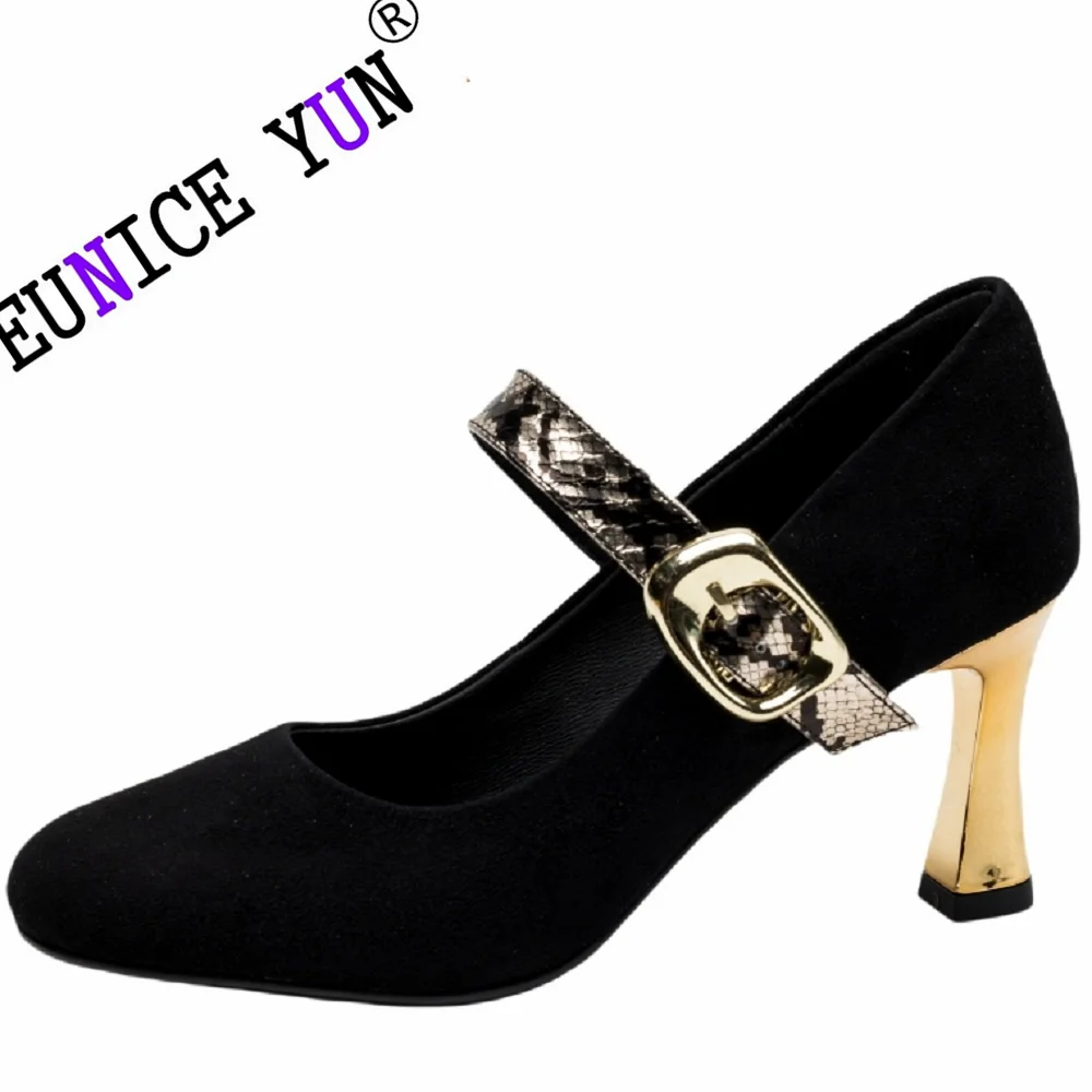 

【EUNICE YUN】Spring Autumn Women Shoes Sheep Suede Leather Shoes for Chunky Heel Shoes Metal Buckle Pumps