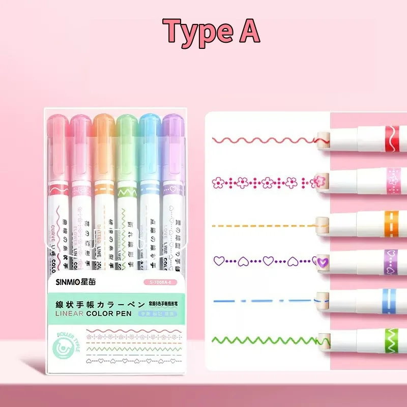 6/3Pcs Flower Line Shape Highlighter Pen Roller Tip Curve Liner Marker For Stationery School Office Supplies Gifts