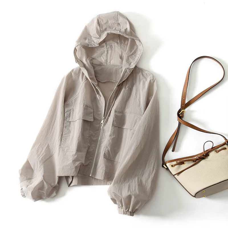 Women's Hooded Thin Sunscreen Clothing Fashion Casual Zipper Long Sleeved Pocket Simplicity Solid Color Quick Dry Outdoor Coat