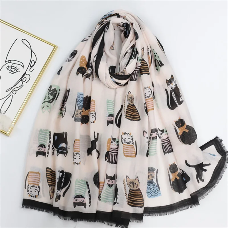 

2023 Spain Lovely Cartoon Cat Pattern Fringe Viscose Scarf Lady Print Soft Shawls and Wraps Pashmina Muslim Hijab Sjaal 180*90Cm