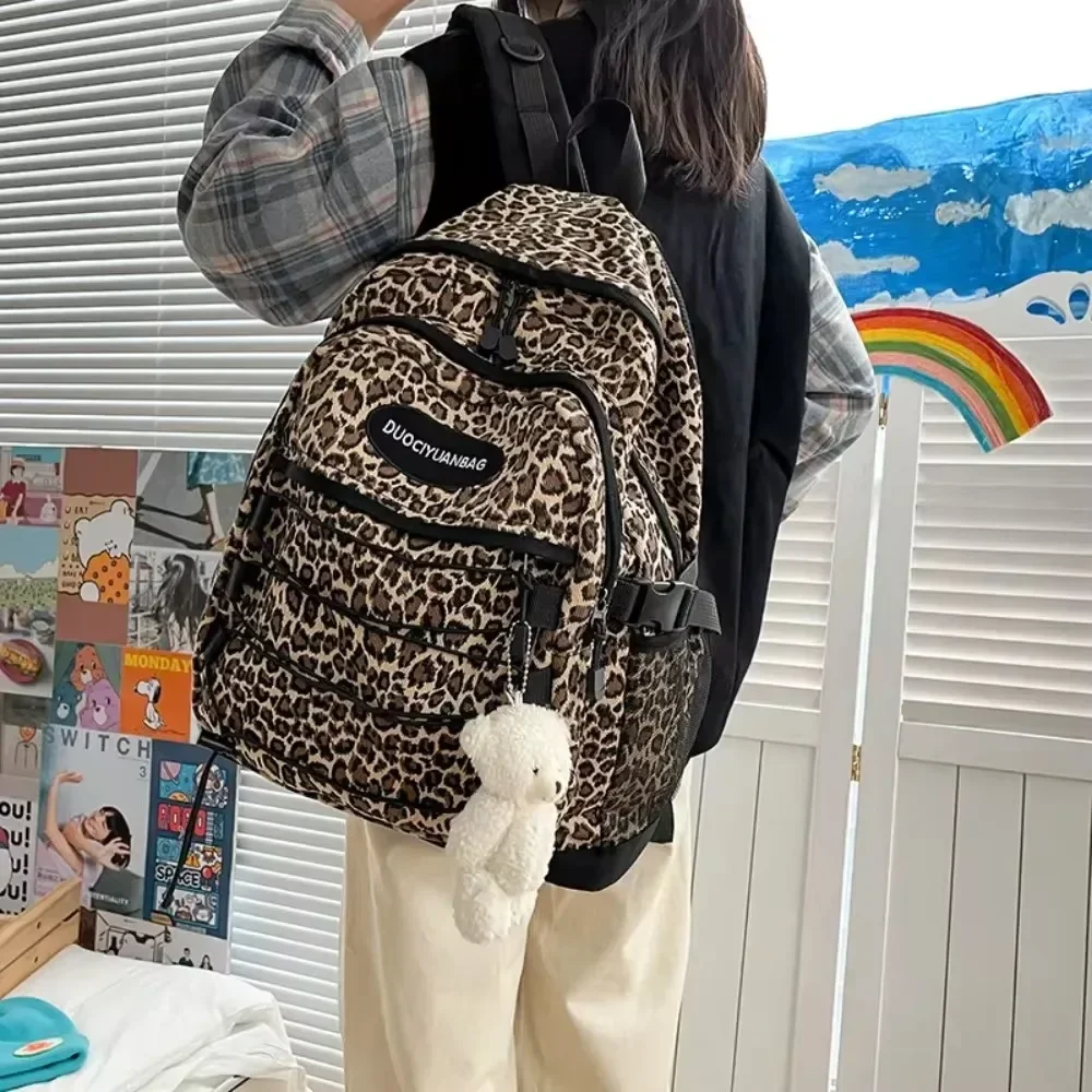 Korean Version Ulzzang Versatile Large Capacity Backpack for Women European and American Retro Leopard Print Student Schoolbag