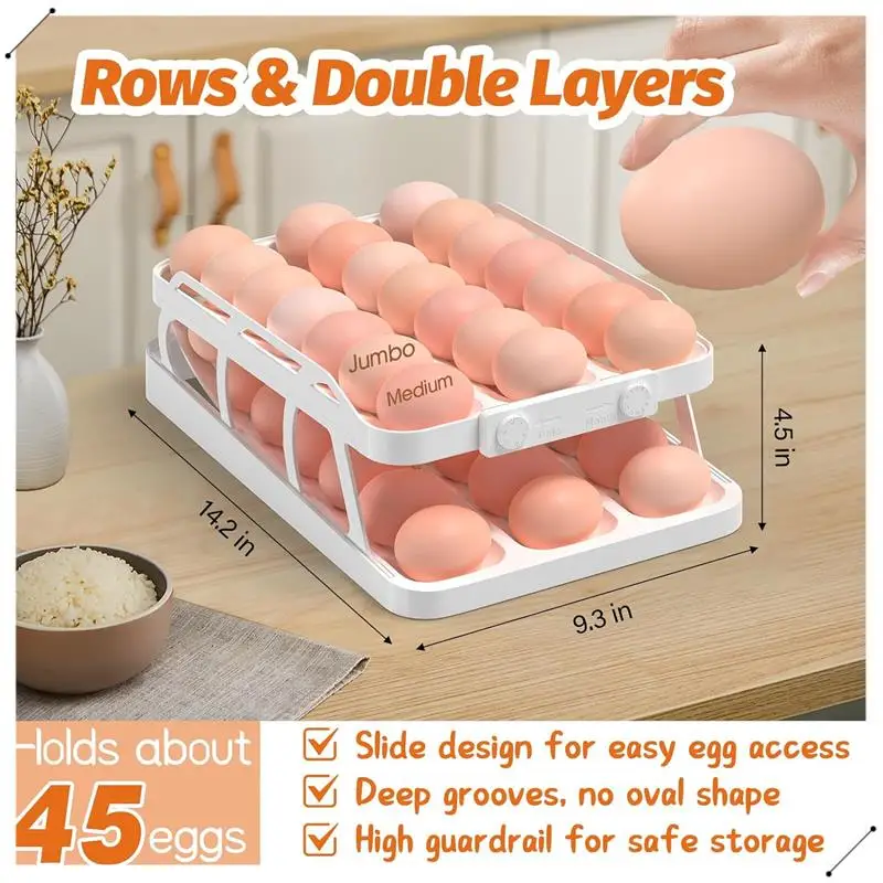 45 Eggs Holder For Fridge, 3 Rows Egg Dispenser,Freshness Ensured With Time Recorder,Space-Saving Rolling Eggs Organizer Durable