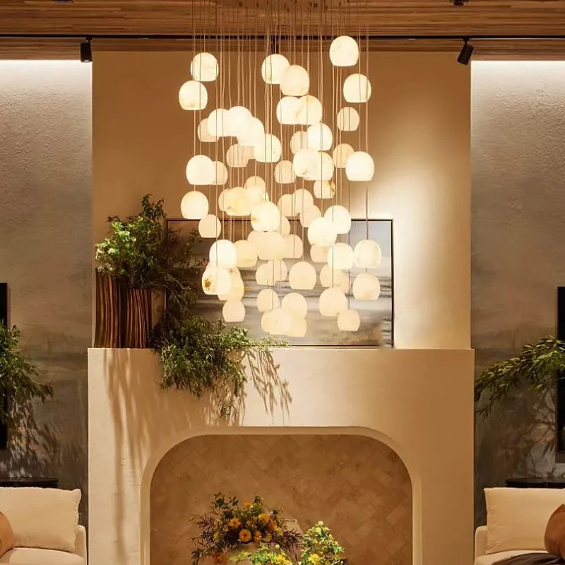 

2025 New Nordic Spanish Marble Lustre Chandelier, Dimmable Hardware Pendant Lamp for Bedroom, Stylish Light for Ceilings