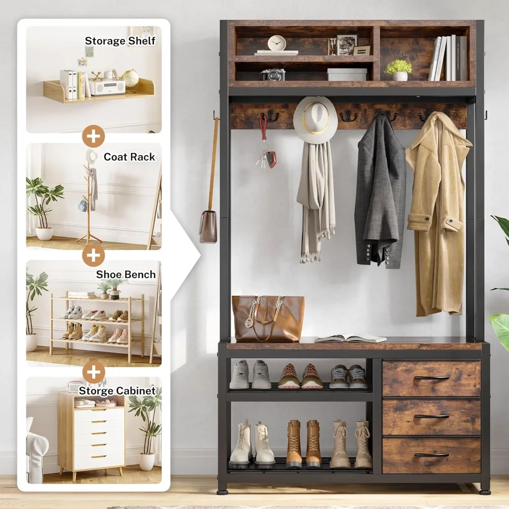 خزانة ملابس مع منصة تخزين للأحذية والمقعد، وشماعة ملابس مستقلة مع 3 أدراج قماش، ومنصة تخزين الأحذية