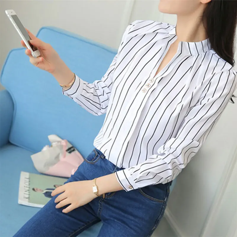 women\'s Autumn Fashion Simplicity Striped stand collar Long sleeve Shirts women clothes Casual All-match temperament Tops