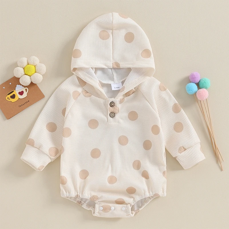 

BeQeuewll Infant Baby Fall Hood Jumpsuit Big Dot Print Long Sleeve Waffle Romper Toddler Clothes For 3-24 Months