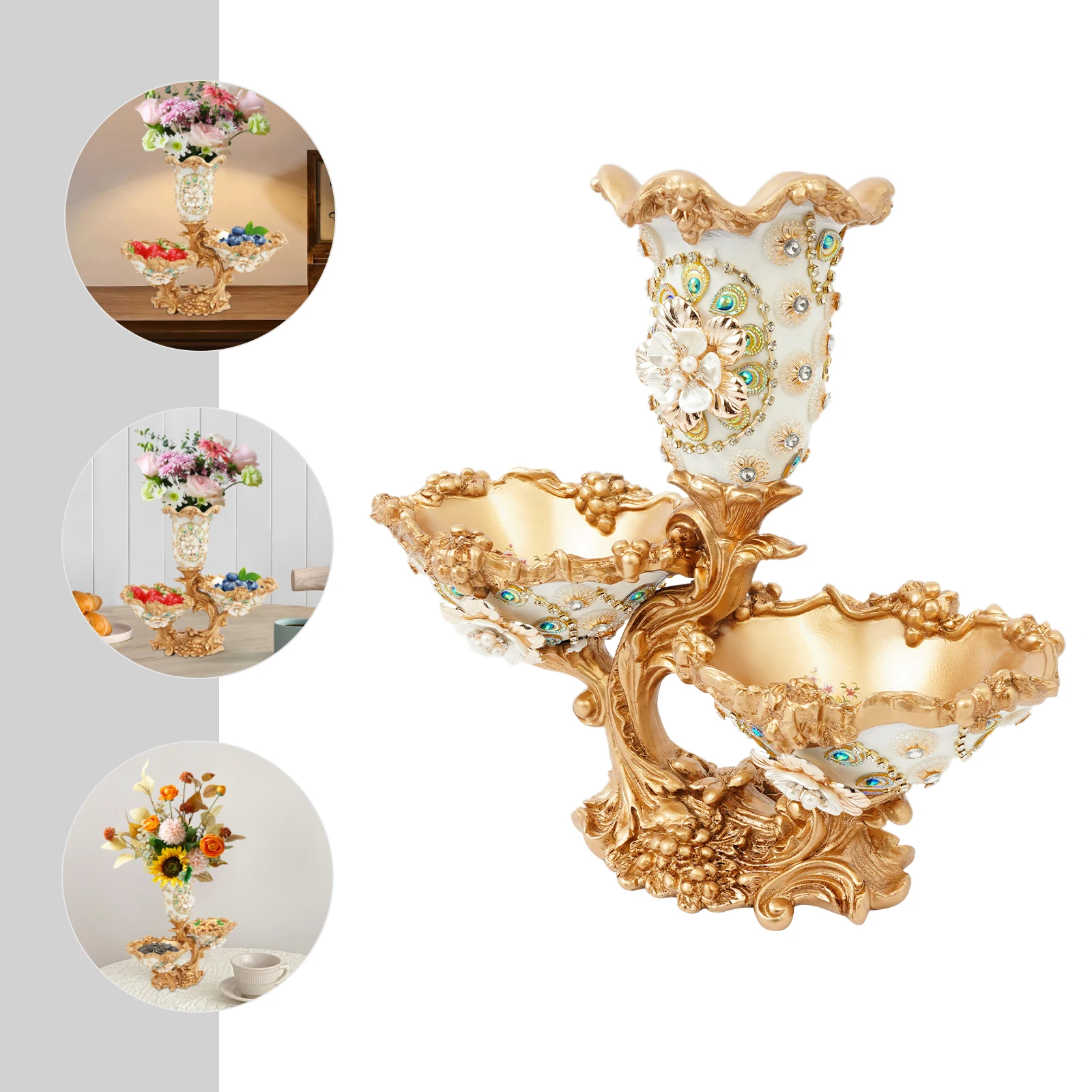 

2 Tiered Gold Fruit Bowl, Resin Fruit Bowl Plate 35*14.5*33cm Tabletop Load 5kg for Homes,Dining Rooms