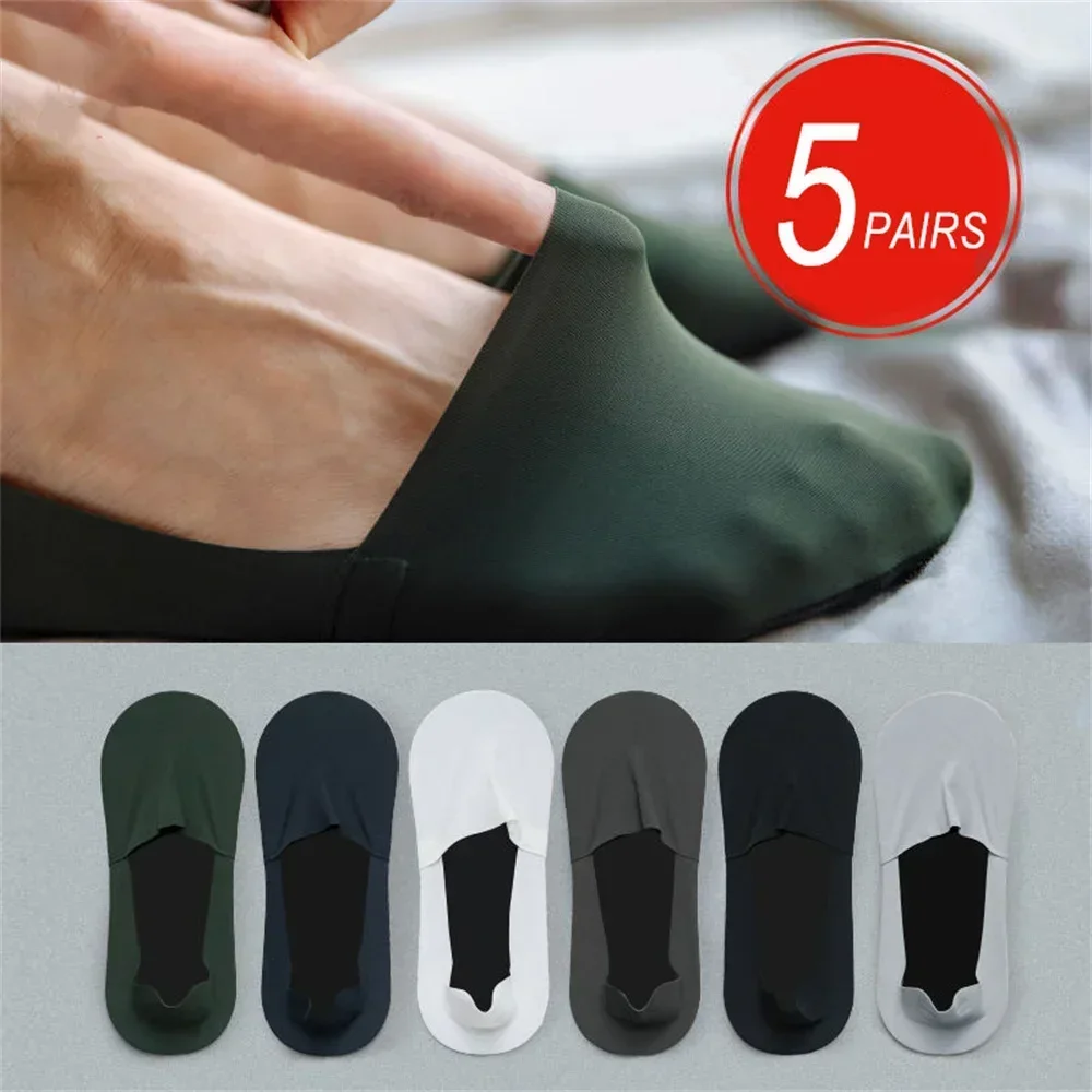 

5 Pairs/Pack Invisible Seamless Ice Silk Socks Men Thin Nylon Cotton Bottom Socks Breathable Quality Anti Slip Silicone Socks