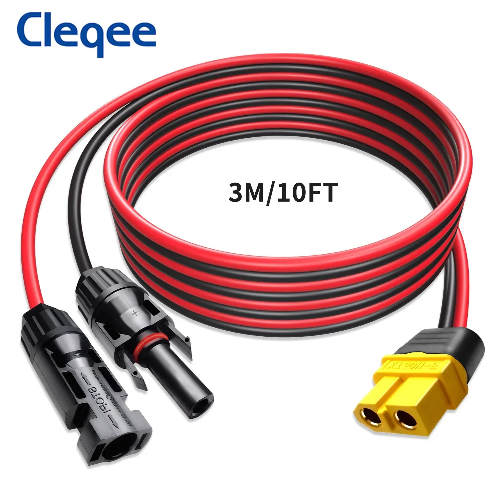 Cleqee T10075 Solar Extension Charge Cable XT60 Female to Solar Male Female Connector 3M 12AWG Wire for Portable Power Station