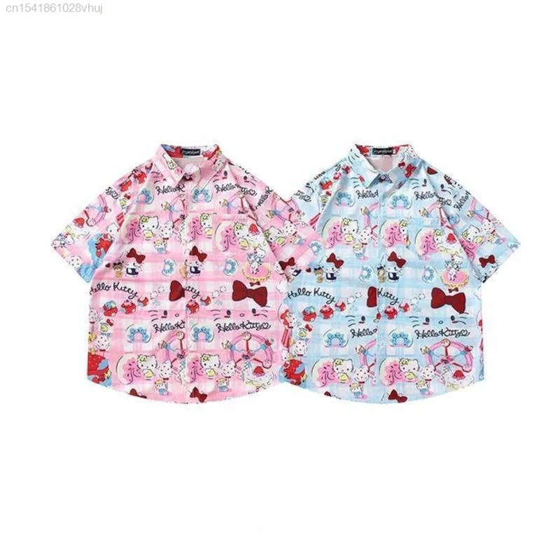 Sanrio Cartoon Hello Kitty Shirt Summer New Casual Hip Hop Streetwear Shirt Women 2000s Y2k Grunge Emo Blouse Korean Fashion Yk2