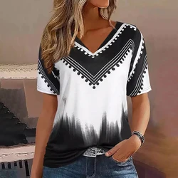 Fashion Women T Shirt Stripes Print Gradient V Neck Short Sleeve Basic Tops Streetwear Summer Oversized Clothing Female T-Shirts