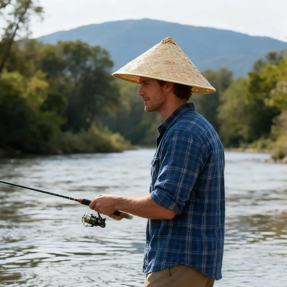 中国風の帽子 竹帽子 竹わら帽子 調節可能な紐付き 通気性のあるメッシュ 広いつばのフィッシングキャップ