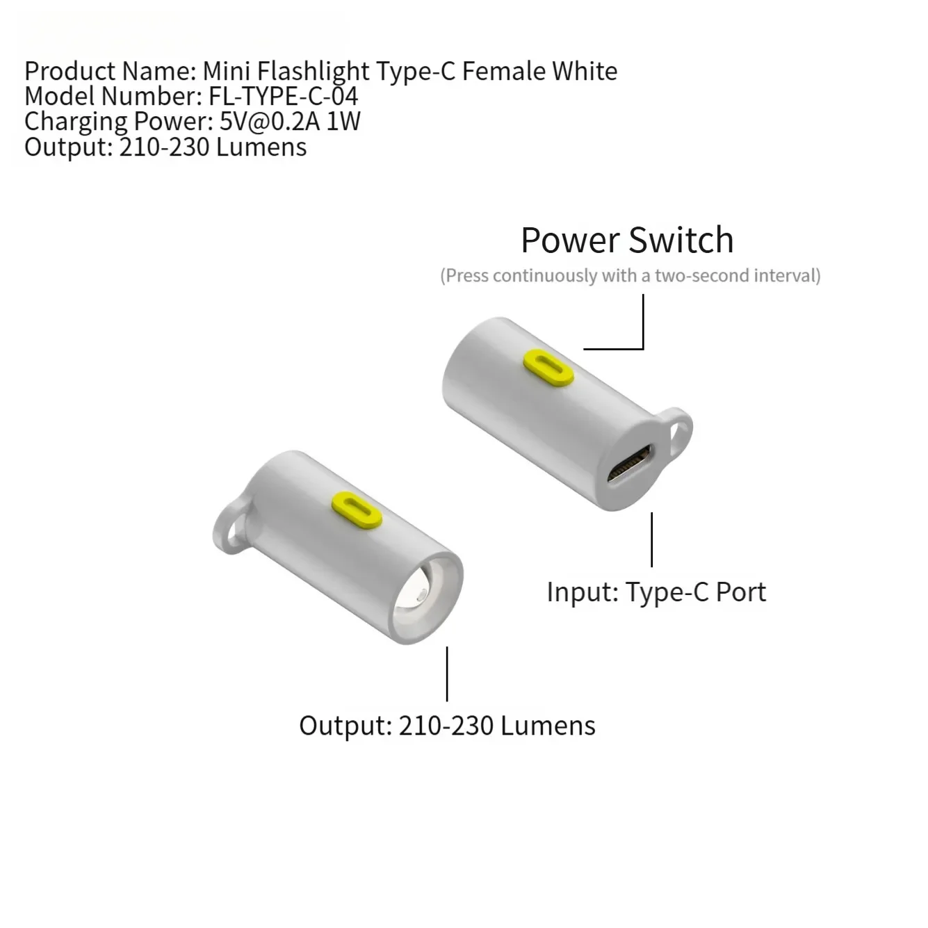 Pocket LED Torch Mini LED Flashlight Type-C Powered 210-230 Lumens Battery-free Operation Plug-and-play Design