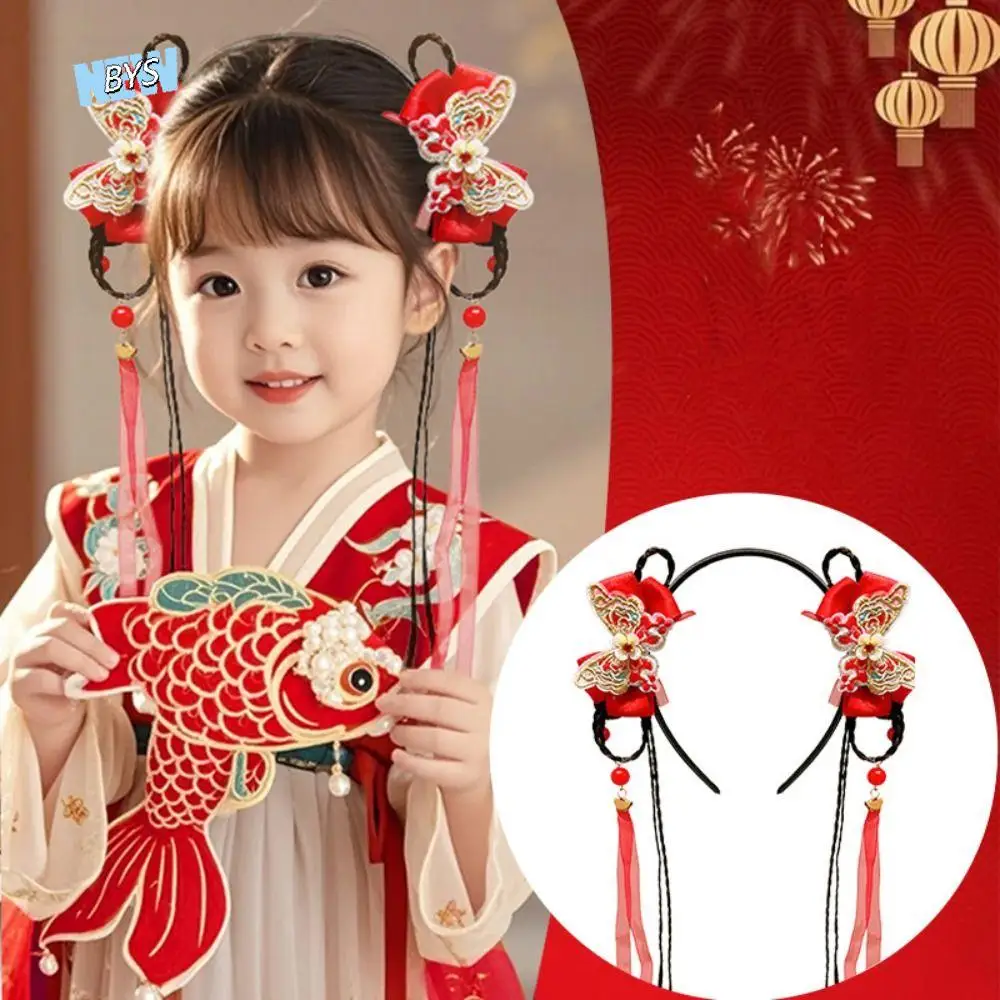 

Cute Flower Children Wig Headband Braid Hair Tang Suit Hair Hoop Chinese New Year Headwear Plush Tassel Red Bow Hairband Girls