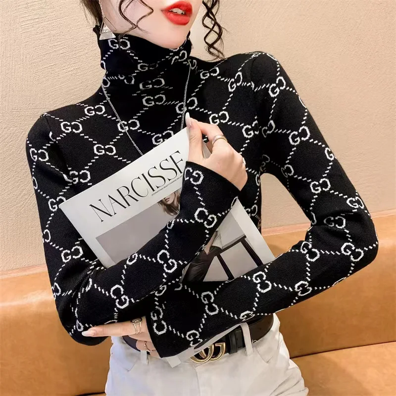 Autumn Winter High Quality Knitted Jumper Women Clothing Slim Warm Comfortable Elasticity Sweaters Chic Letter Jacquard Knitwear