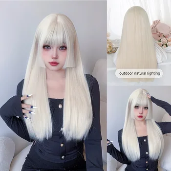 Branco-loira Lolita perucas sintéticas com estrondo para as mulheres, cabelo liso natural, resistente ao calor, peruca cosplay longa, cabelo natural, 26