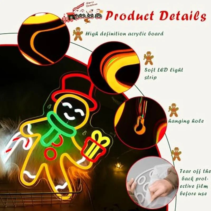 Gingerbread Man Neon Sign หรี่แสงได้คริสต์มาส Led Neon Light up Sign XMAS สําหรับตกแต่งหน้าต่างห้องนั่งเล่นเด็กเทศกาลห้องนอน