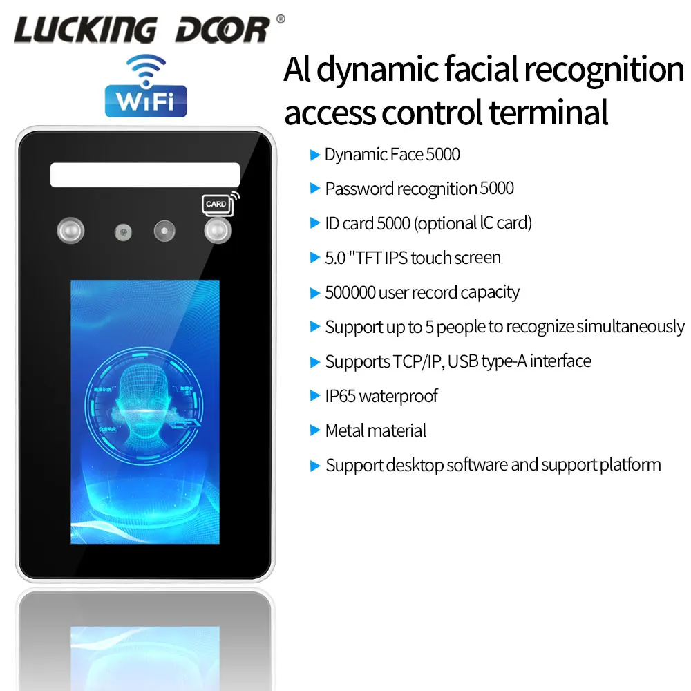 

WIFi TCP/IP C/S LAN AI Dynamic Face Recognize Time Attendance Access Control Machine Support PC software QR Code Card Password