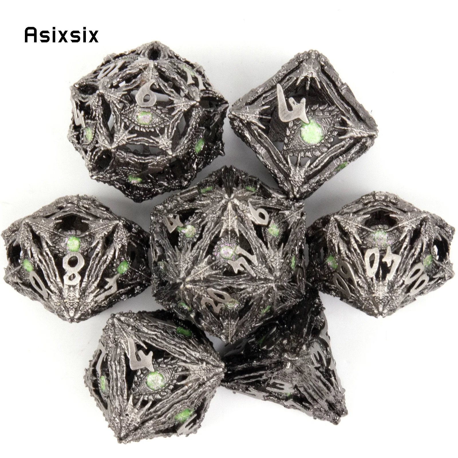 

Набор из 7 металлических многогранных кубиков с зелеными глазами, серебристые, полые, подходят для ролевых игр, подарков, карточных игр