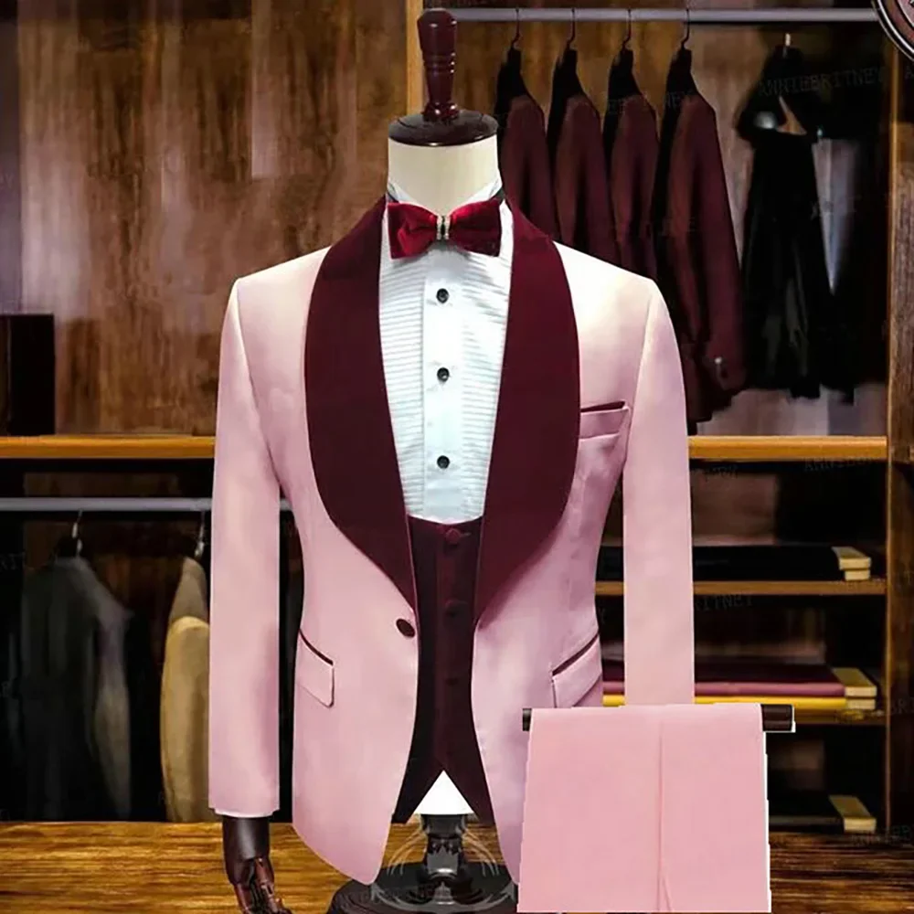 

Custom Made Classic Fashion Pink Groom Tuxedos Groomsmen Burgundy Velvet Shawl Lapel Best Man Suit Wedding Men's Blazer