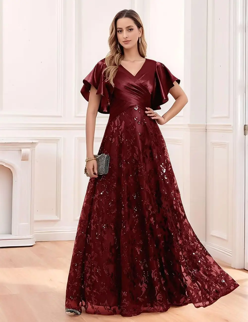Vestidos de lentejuelas para madre de la novia con mangas Vestido de noche plisado de satén para mujer formal