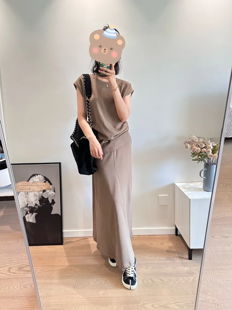 

Fashionable Long Velvet Cotton Waist-Cinching Vest T-Shirt Half Skirt Set round Neckline Color Summer Women's Wear