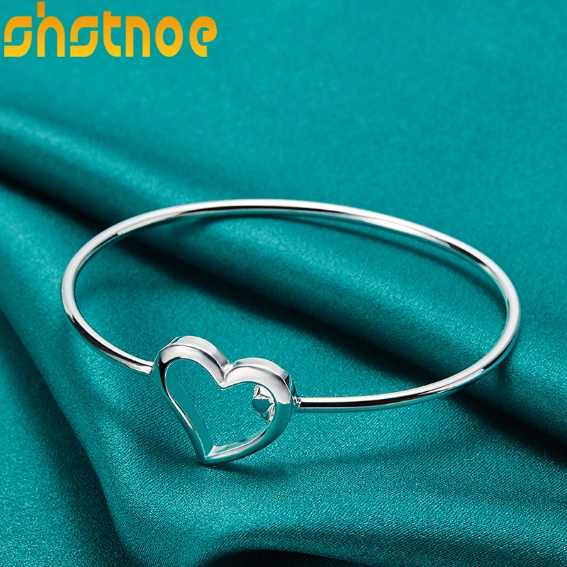 

SHSTONE 925 Sterling Silver Heart Adjustable Bangle Cuff Bracelet For Women Engagement Wedding Charm Fashion Jewelry Party Gifts