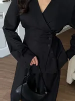 Elegant V-neck Shirt Pants Set Women Slim Button Long Sleeve Top Wide Leg Trousers Lady Suit 2025 Casual Chic Female Outfits