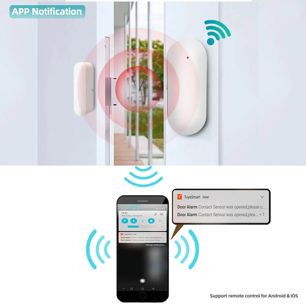PGST PB69 Tuya Door Sensor Smart Home WiFi App Notification Window Detector Security Protection Alert Security Alarm