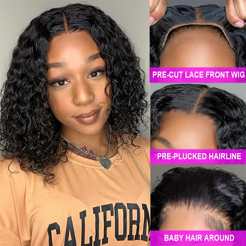 

100% Human Hair Deep Wave 180% Density 5x5 Hd Lace Closure Wigs Pre Cut Short Bob Curly Wig For Black Women Wear And Go Glueless