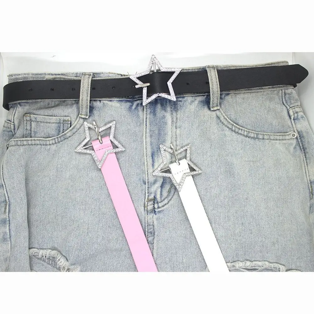 Rhinestone Pentagram Pin Buckle Leather Belt Luxury Design Y2K Trouser Dress Belts Versatile Thin Waist Strap For Women Girls