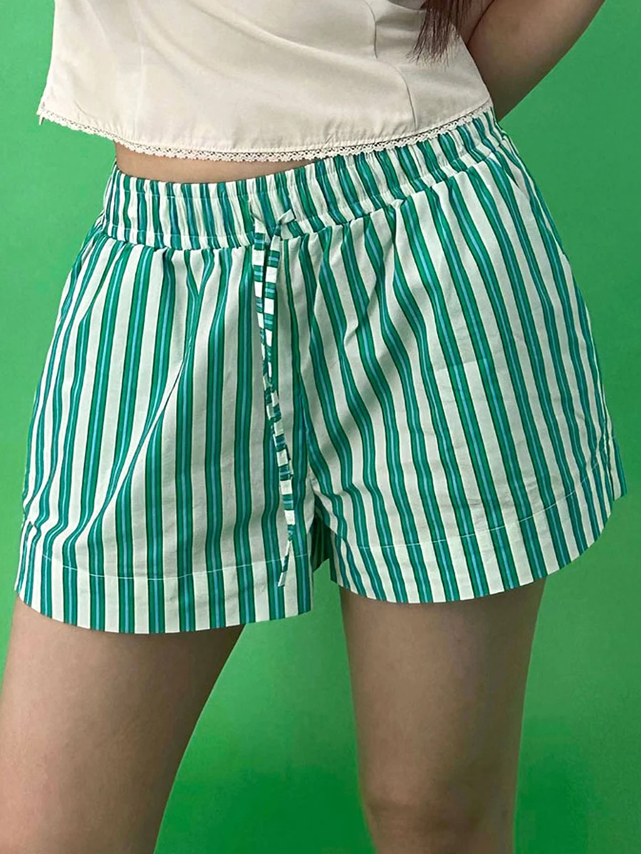 Womens Striped Print Shorts Side Slit Bow Elastic Waistband Summer Leisure Beach Short Pants