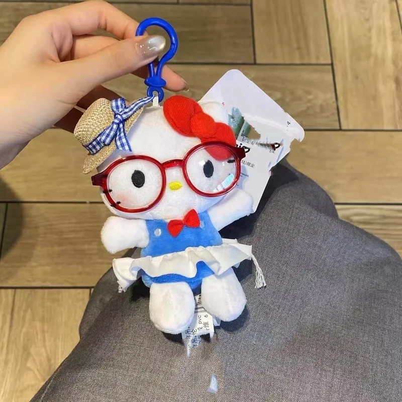 New Hello Kitty Kawaii Straw Hat Glasses Cute Plush Keychain Toy Bag Pendant Doll Decorations Birthday Gift For Girl