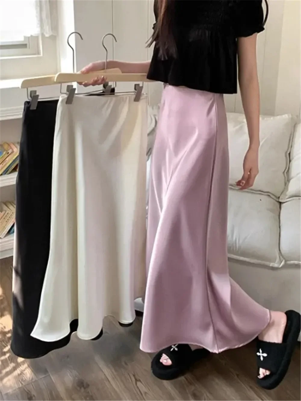 Solid Temperament Silk Smooth Satin Half Length Dress Women with Sagging Medium Length High Rise Slim Versatile Fish Tail Skirt