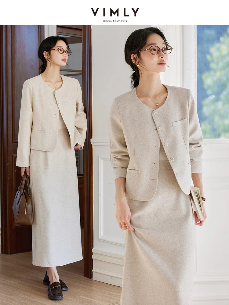 VIMLY Oatmeal Linen Cropped Jacket Skirt Set Women's Commuter Outfits 2026 Crew Neck Jacket and Long Skirt Ladies Clothing A0358