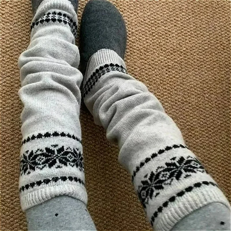 Vintage Wool Y2k Knitted Leg Covers Cuff Socks Women Long Leg Socks Fair Isle Snowflake Slouchy Socks Winter Warm Boot Covers