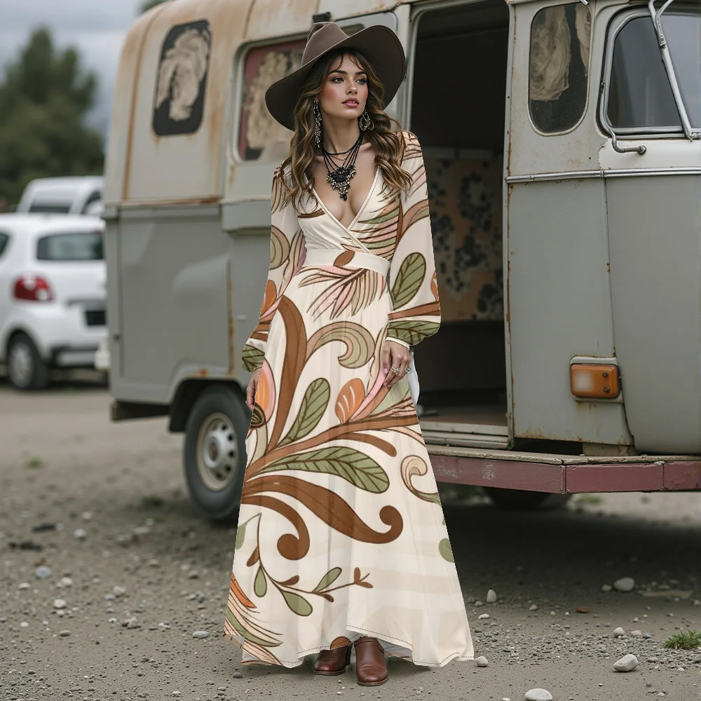 Sukienka maxi w stylu boho z kwiatowym wzorem hibiskusa, damska sukienka długa z głębokim dekoltem w serek, szyfonowa, z bufiastymi rękawami, zwiewna sukienka plażowa dla gościa weselnego.