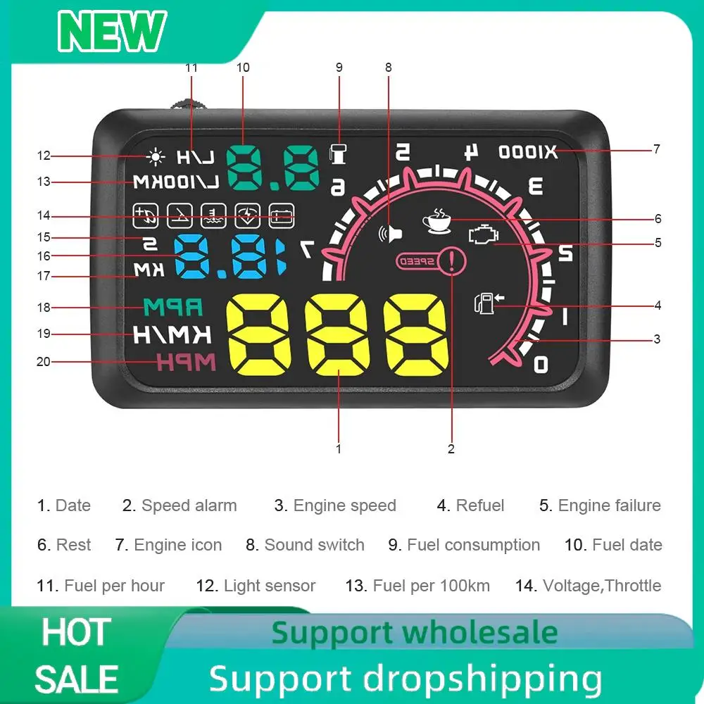 

A04E-Multi-Function Car 5.5 Inch Hud Head Up Display Speeding Fuel Warning Windshield Projector System With Obd2