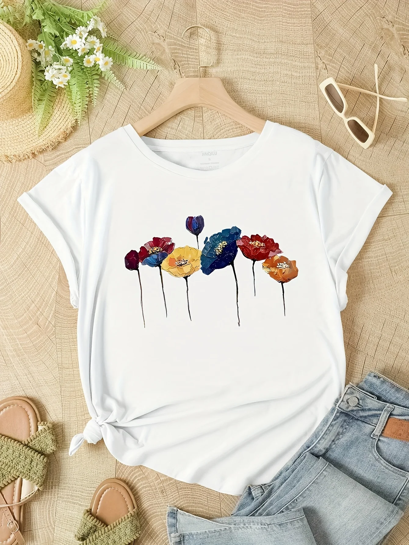 2026Watercolor Floral Women's Tee - Colorful Poppy Graphic  Artistic Casual Top