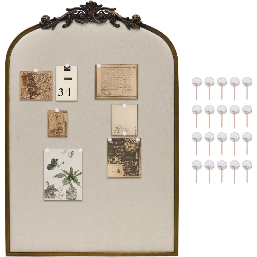 

Fabric Pinboard, Antique Gold Bulletin Boards 24x36, Vintage Cork Board with Ornate Iron Frame for Wall Unique Display, Org