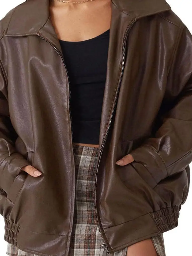 여성용 단색 롱 슬리브 가죽 재킷 캐주얼 슬림핏 코트 폴리에스터 소재 겨울 컬렉션