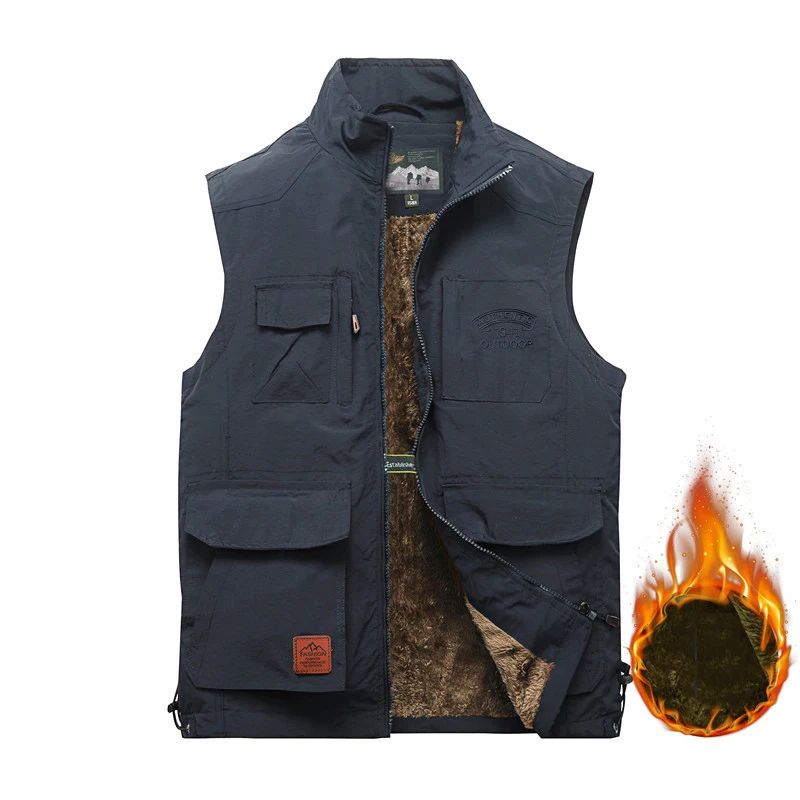 Men's Fleece Tactics Vest Standing Collar Multi Pocket Zipper Cardigan Men's Outdoor Sports Mountaineering Hunting Tank Tops