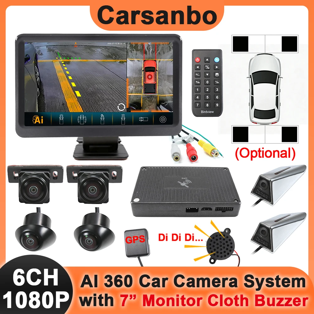 Carsanbo 6CH 3D AI 360 Bird View Panorama System Car 1080P WDR Surround View Camera GPS Speed Trigger Buzzer with 7