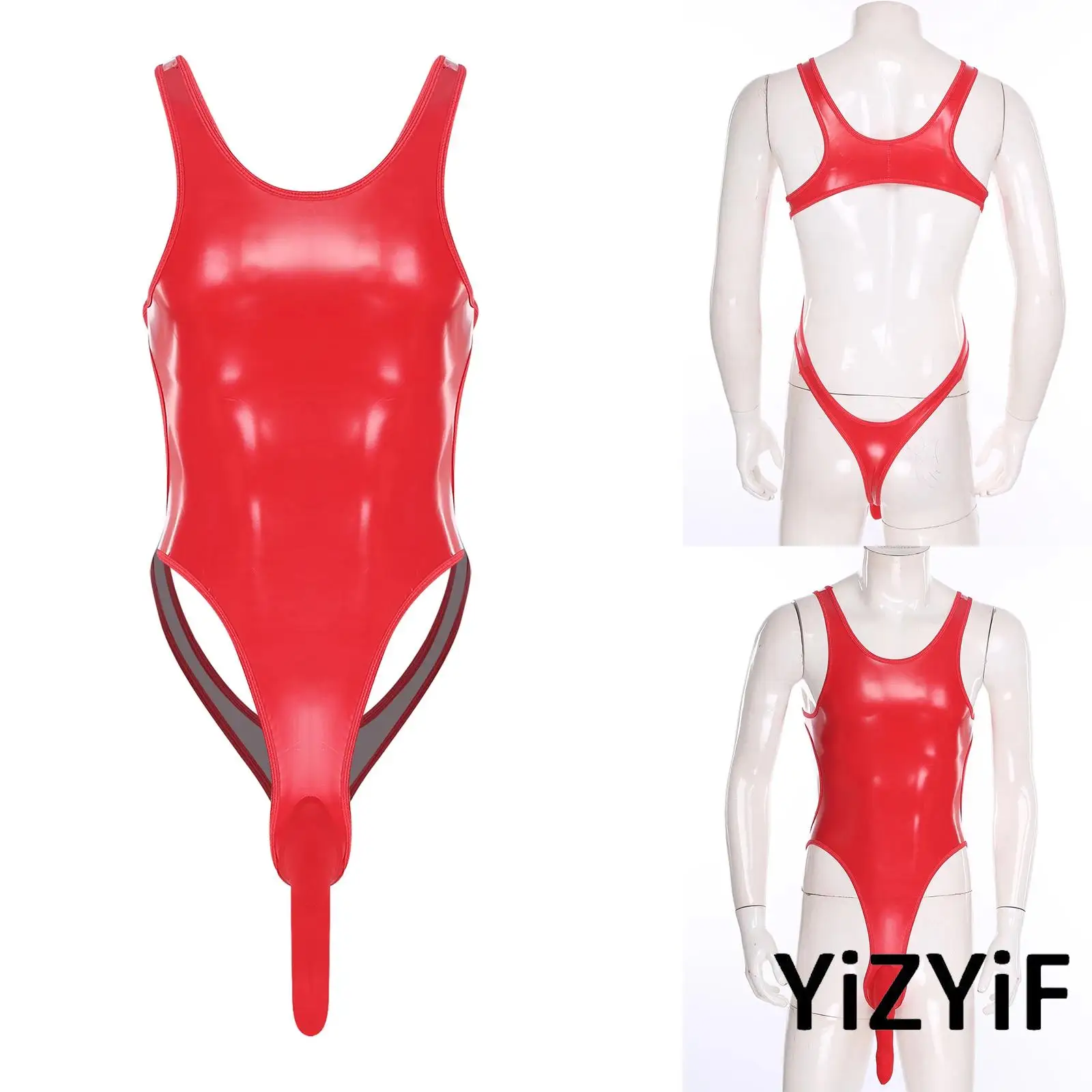 

Adults Mens Glossy PU Jumpsuit Lingerie Crew Neck/Mock Neck Sleeveless Sheath Pouch Bodycon Leotard Bodysuit Stage Clubwear