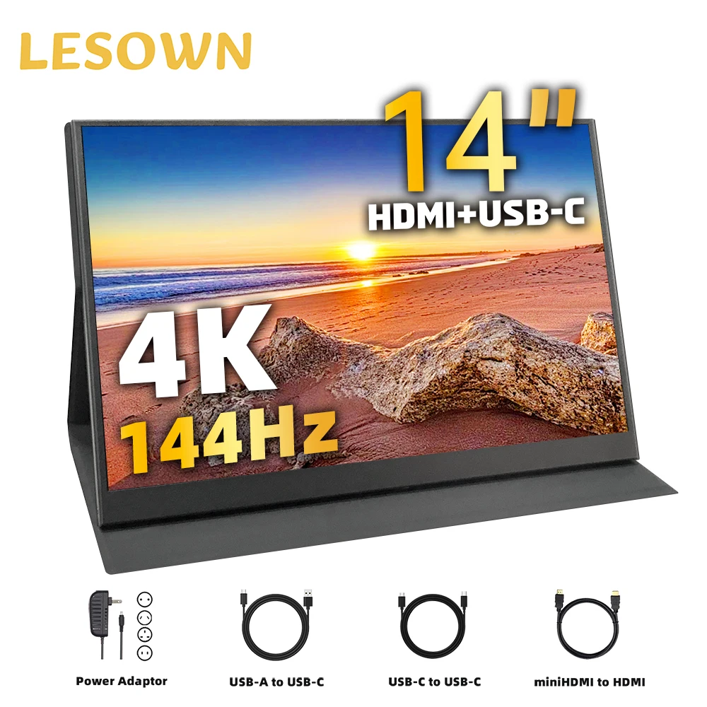 LESOWN 3840x2160 14-inch Portable Monitor 144Hz 2.5K Wide Screen USB Type-C HDMI Laptop Travel Sub Display for Switch TV Box PC