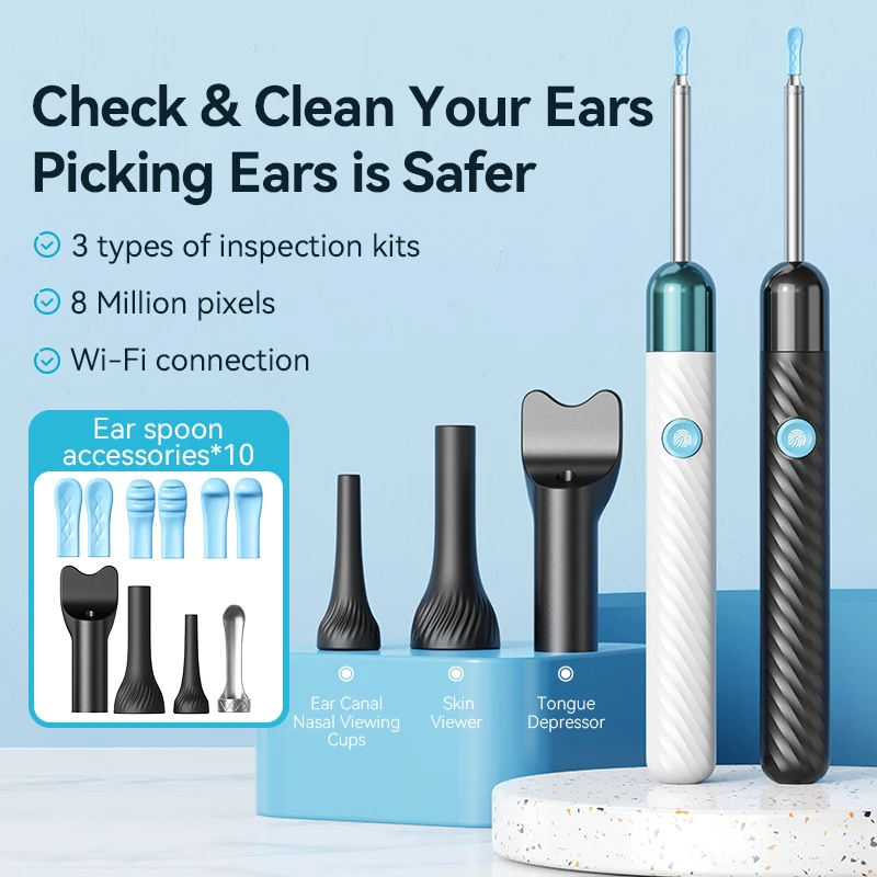 Ear Wax Removal Wireless Rechargeable Ear Cleaner 8 Megapixels Earscope Camera with 6 Pcs Ear Spoon Set 3 kinds Inspection Tools