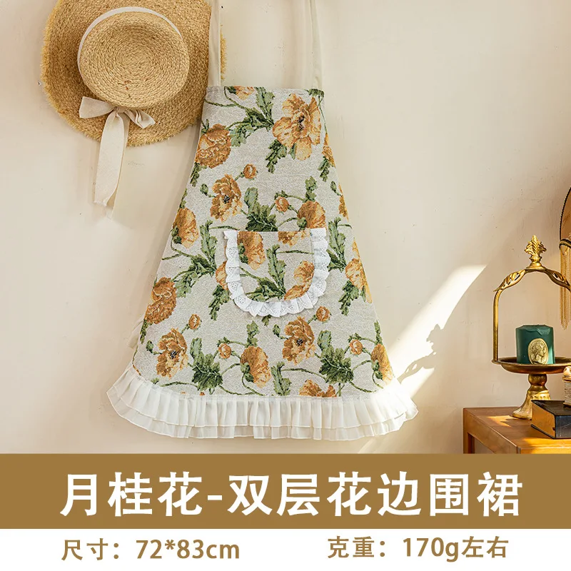 Franse retro-stijl schort, huishoudelijk keukenschort, schort met ophanglus, lotusblad bloemarrangement, taillebedekkend schort