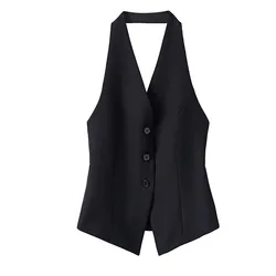 #0701 Spring Summer Vest Coat Women Halter-neck Sexy Irregular Sleeveless Vest Waistcoat Femme Single Breasted Short Suit Vest