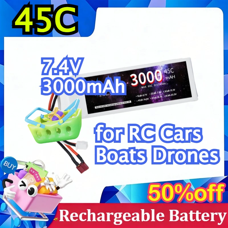 

High-Rate 45C 7.4V 3000mAh LiPo Battery Rechargeable for RC Cars Boats Drones Fixed-Wing Aircraft Batterys