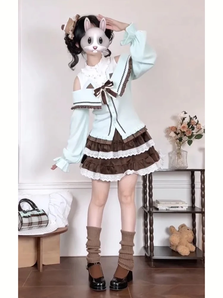 

Sweet Slimming Cake ort Skirt Two-Piece Set Women's Knitted One-oulder Splice Top Ele Sle Autumn Faion Ensemble